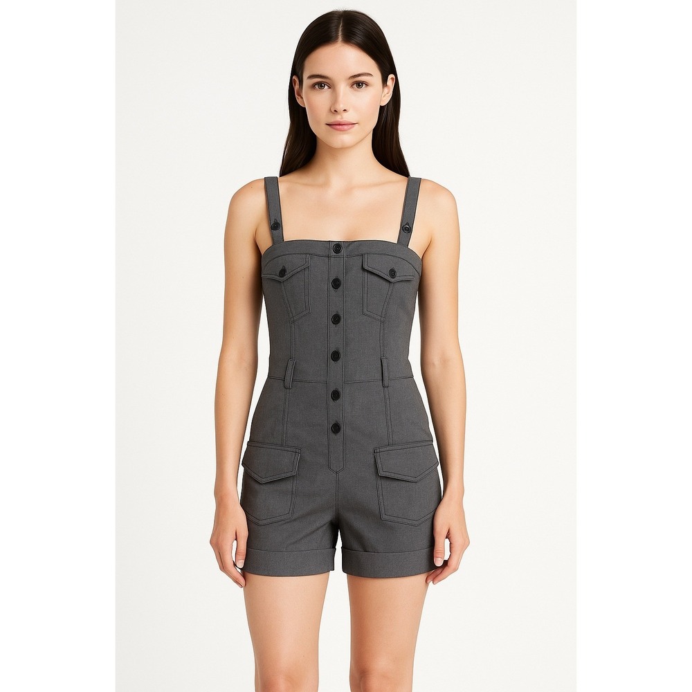 Bebe Gray Romper Women's Size 4 Utility Button Front Sleeveless Pockets Y2K
